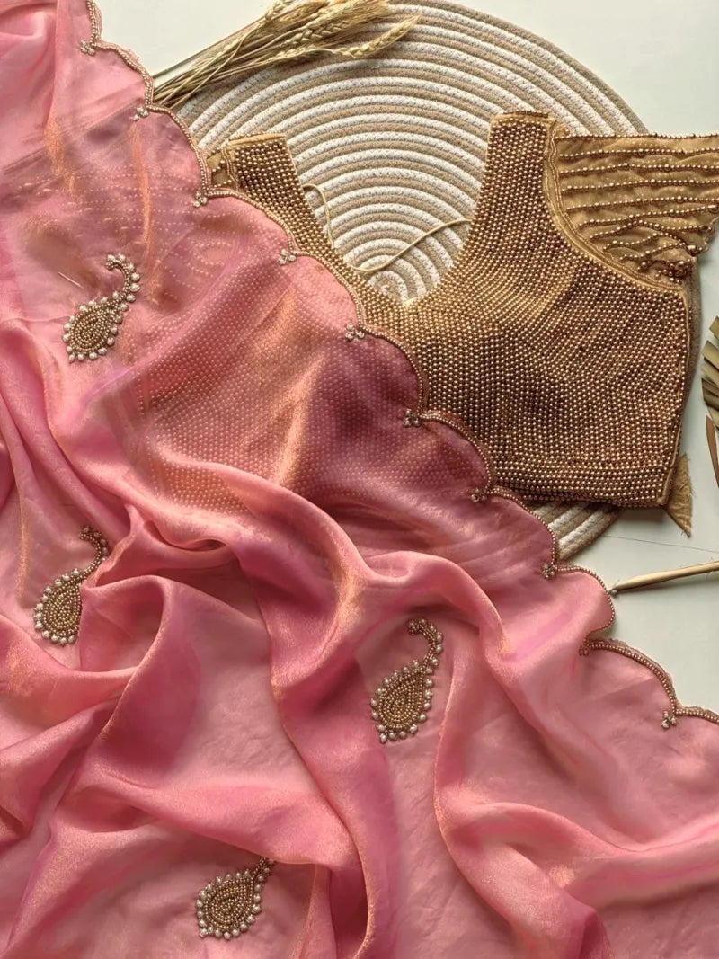 Exclusive Soft Space Georgette Silk Saree with Hand‑Pearl Work & Golden Stitched Blouse