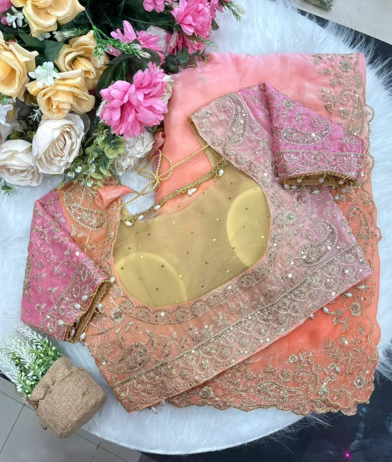 Premium Fendy Satin Saree with Embroidery Sequence Work & Heavy Jhal  Blouse