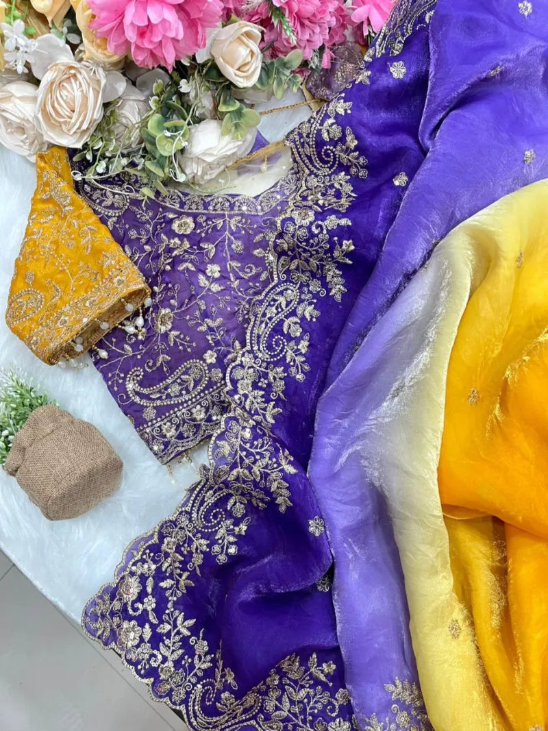 Premium Fendy Satin Saree with Embroidery Sequence Work & Heavy Jhal  Blouse