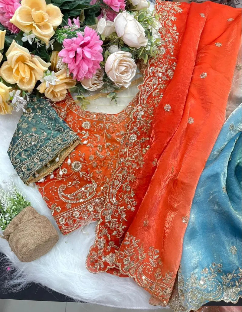 Premium Fendy Satin Saree with Embroidery Sequence Work & Heavy Jhal  Blouse