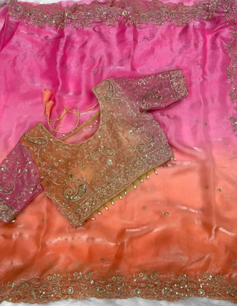 Premium Fendy Satin Saree with Embroidery Sequence Work & Heavy Jhal  Blouse