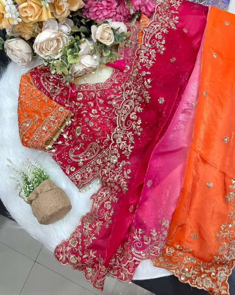 Premium Fendy Satin Saree with Embroidery Sequence Work & Heavy Jhal  Blouse