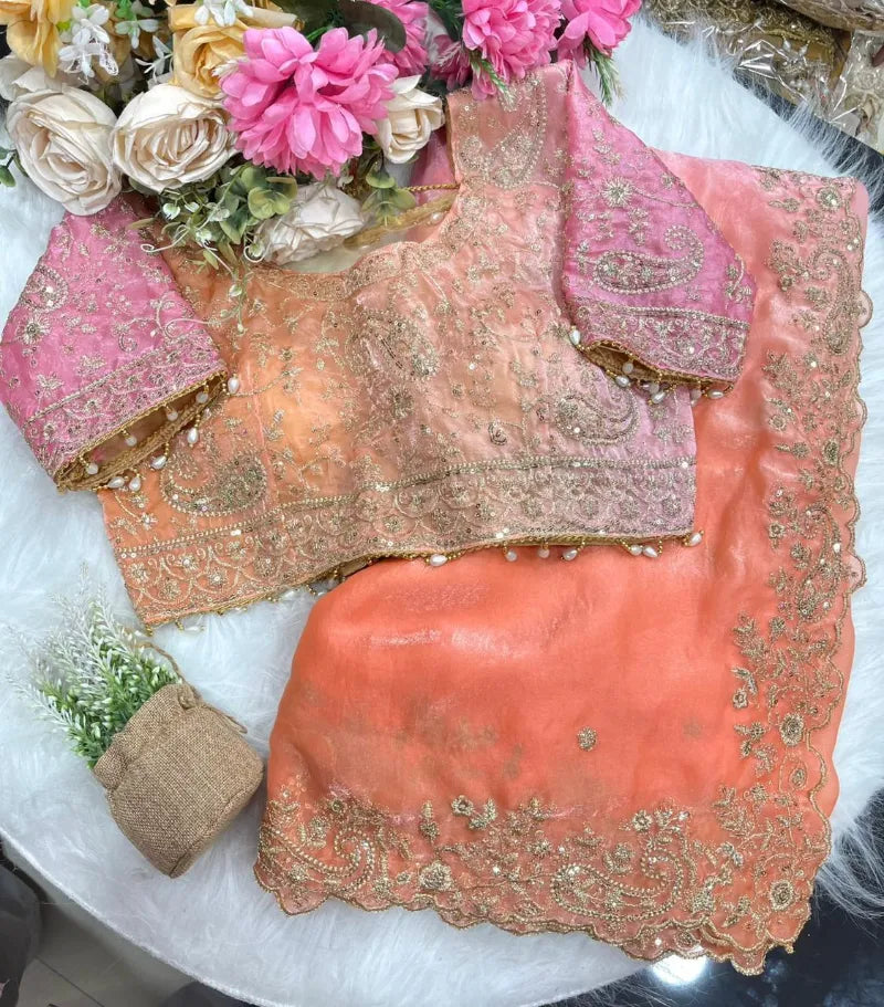 Premium Fendy Satin Saree with Embroidery Sequence Work & Heavy Jhal  Blouse