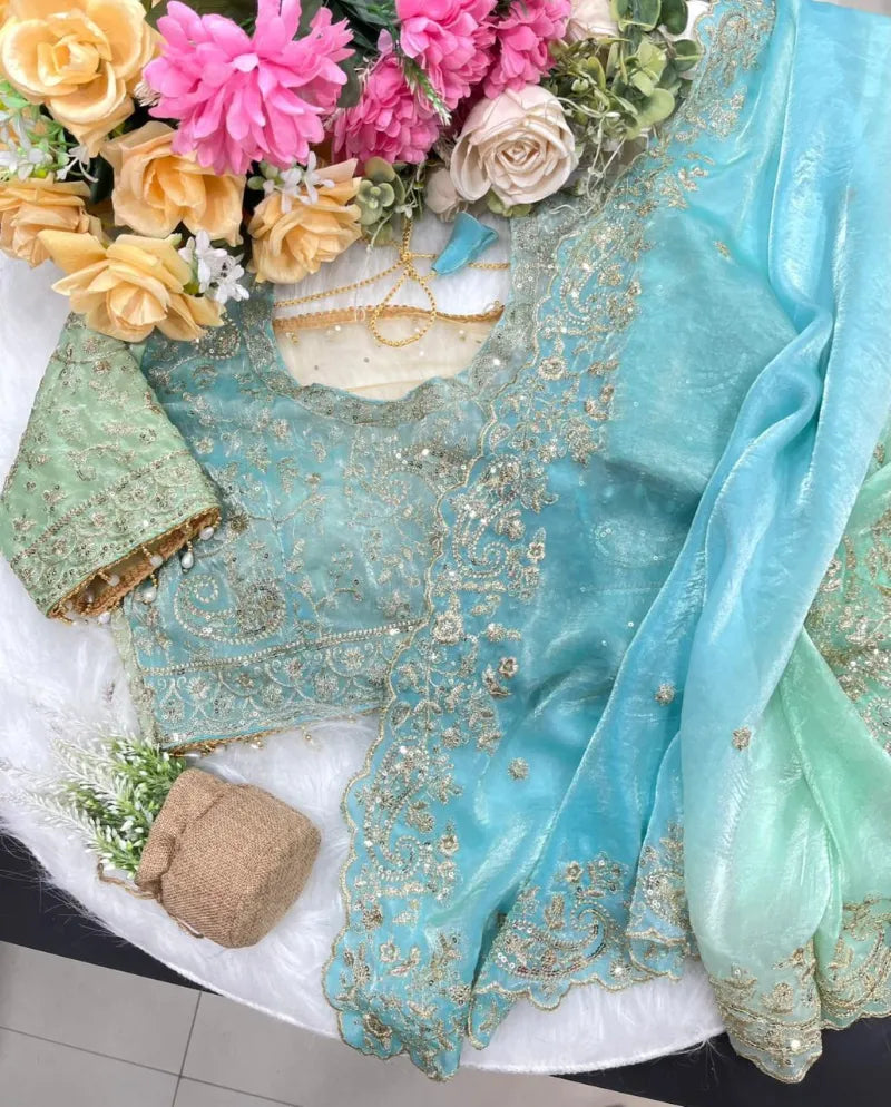 Premium Fendy Satin Saree with Embroidery Sequence Work & Heavy Jhal  Blouse