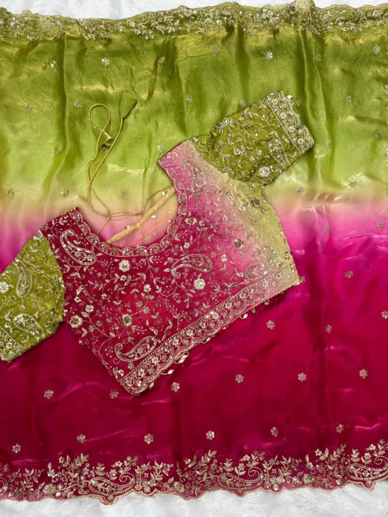 Premium Fendy Satin Saree with Embroidery Sequence Work & Heavy Jhal  Blouse