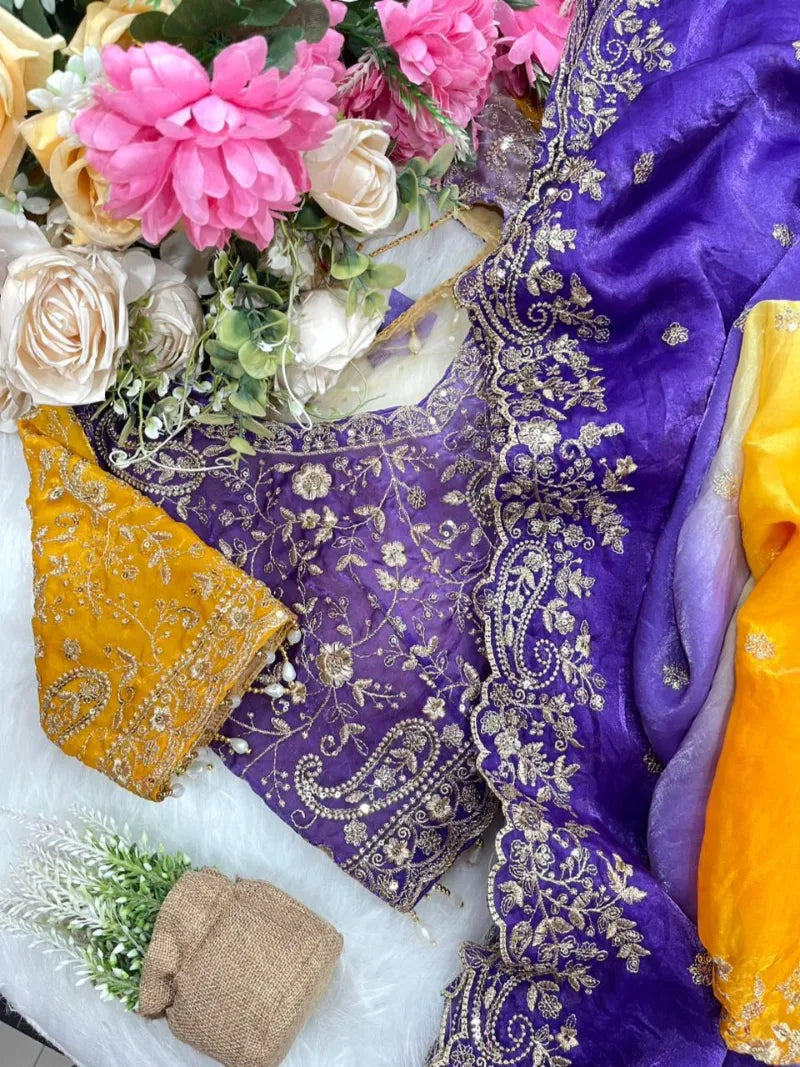 Premium Fendy Satin Saree with Embroidery Sequence Work & Heavy Jhal  Blouse