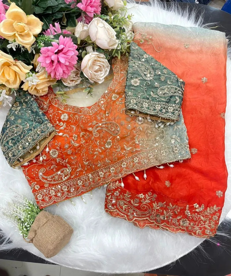 Premium Fendy Satin Saree with Embroidery Sequence Work & Heavy Jhal  Blouse