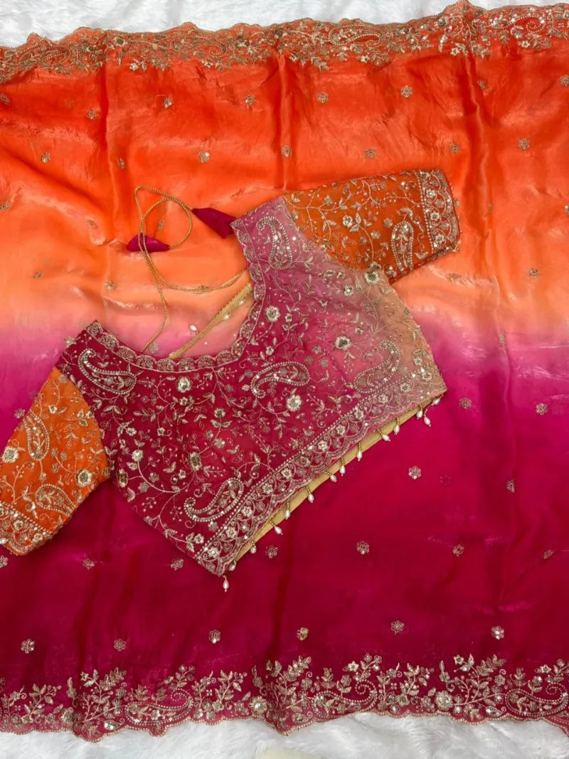 Premium Fendy Satin Saree with Embroidery Sequence Work & Heavy Jhal  Blouse
