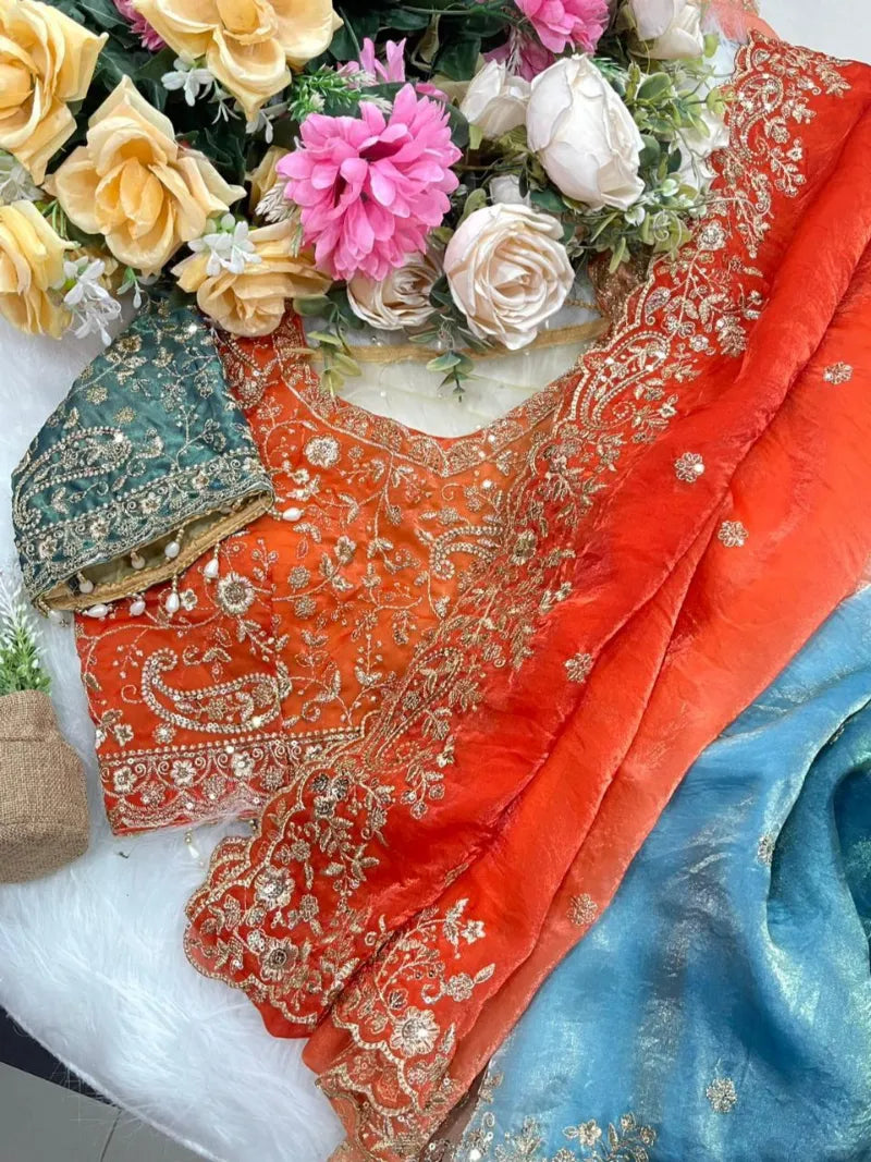 Premium Fendy Satin Saree with Embroidery Sequence Work & Heavy Jhal  Blouse