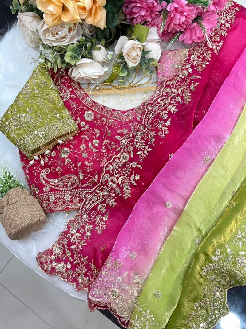 Premium Fendy Satin Saree with Embroidery Sequence Work & Heavy Jhal  Blouse