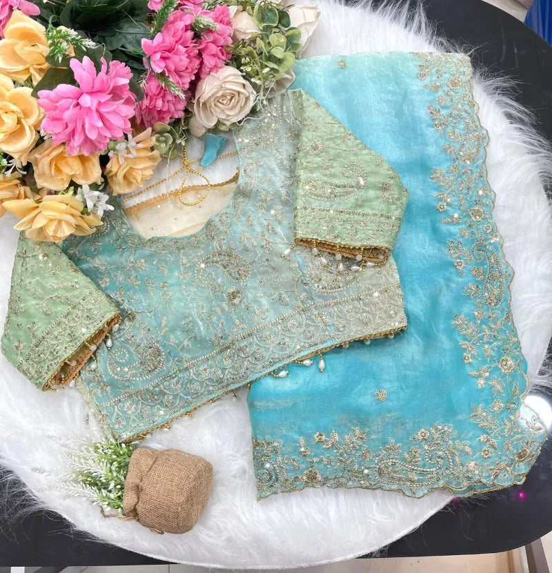 Premium Fendy Satin Saree with Embroidery Sequence Work & Heavy Jhal  Blouse