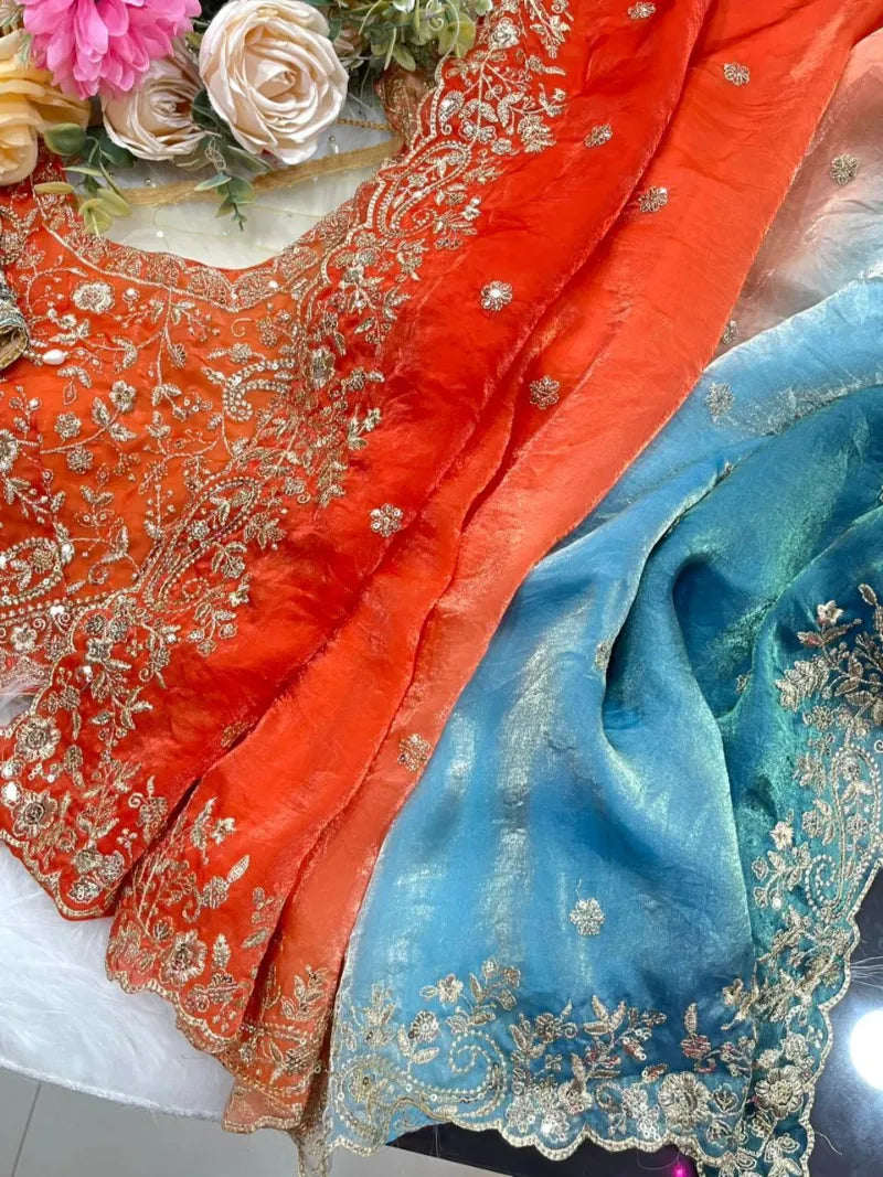 Premium Fendy Satin Saree with Embroidery Sequence Work & Heavy Jhal  Blouse