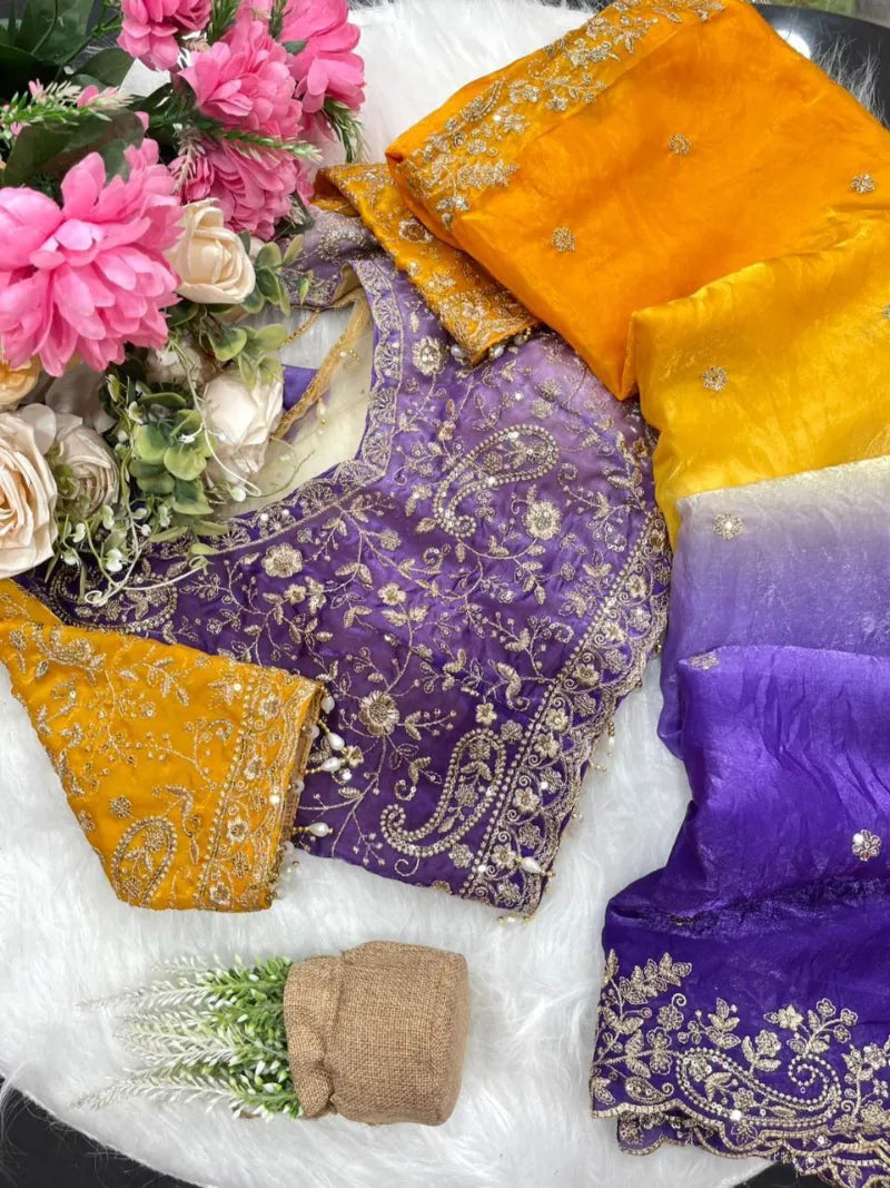 Premium Fendy Satin Saree with Embroidery Sequence Work & Heavy Jhal  Blouse