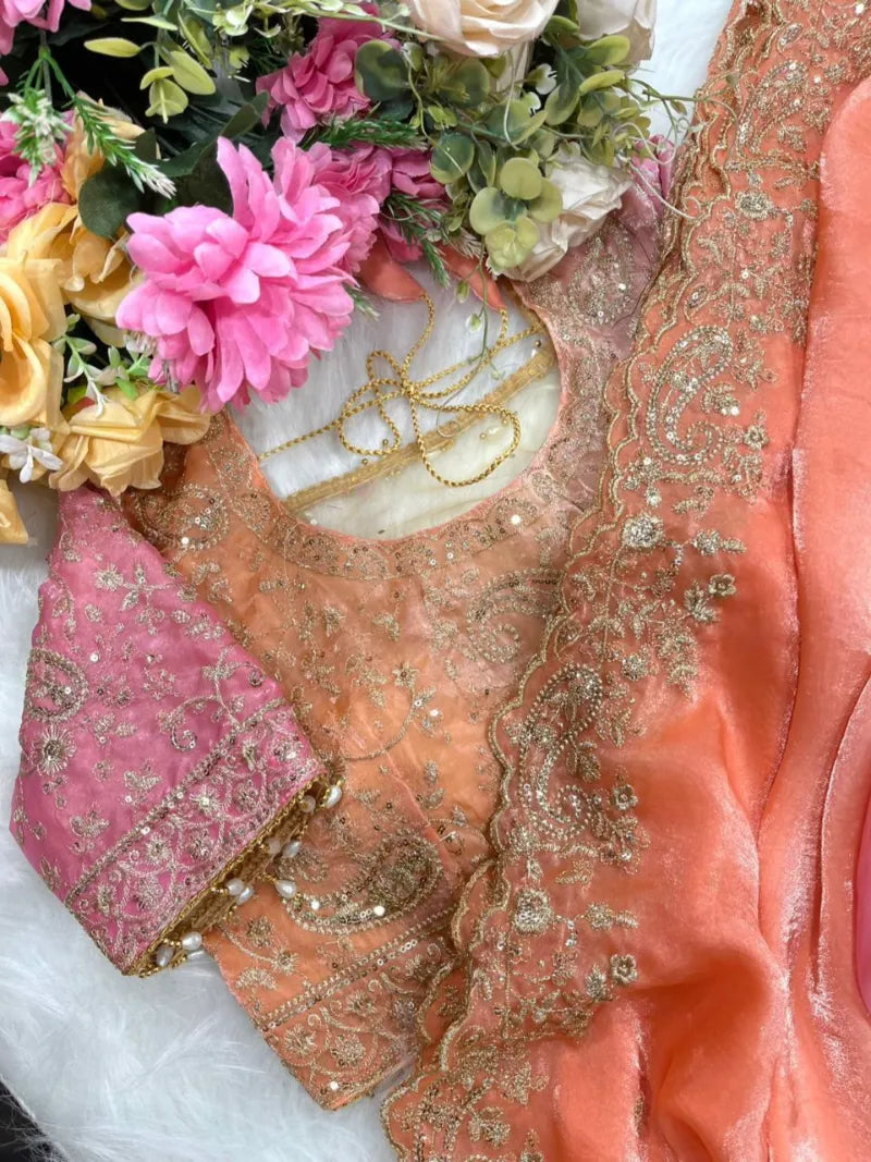 Premium Fendy Satin Saree with Embroidery Sequence Work & Heavy Jhal  Blouse
