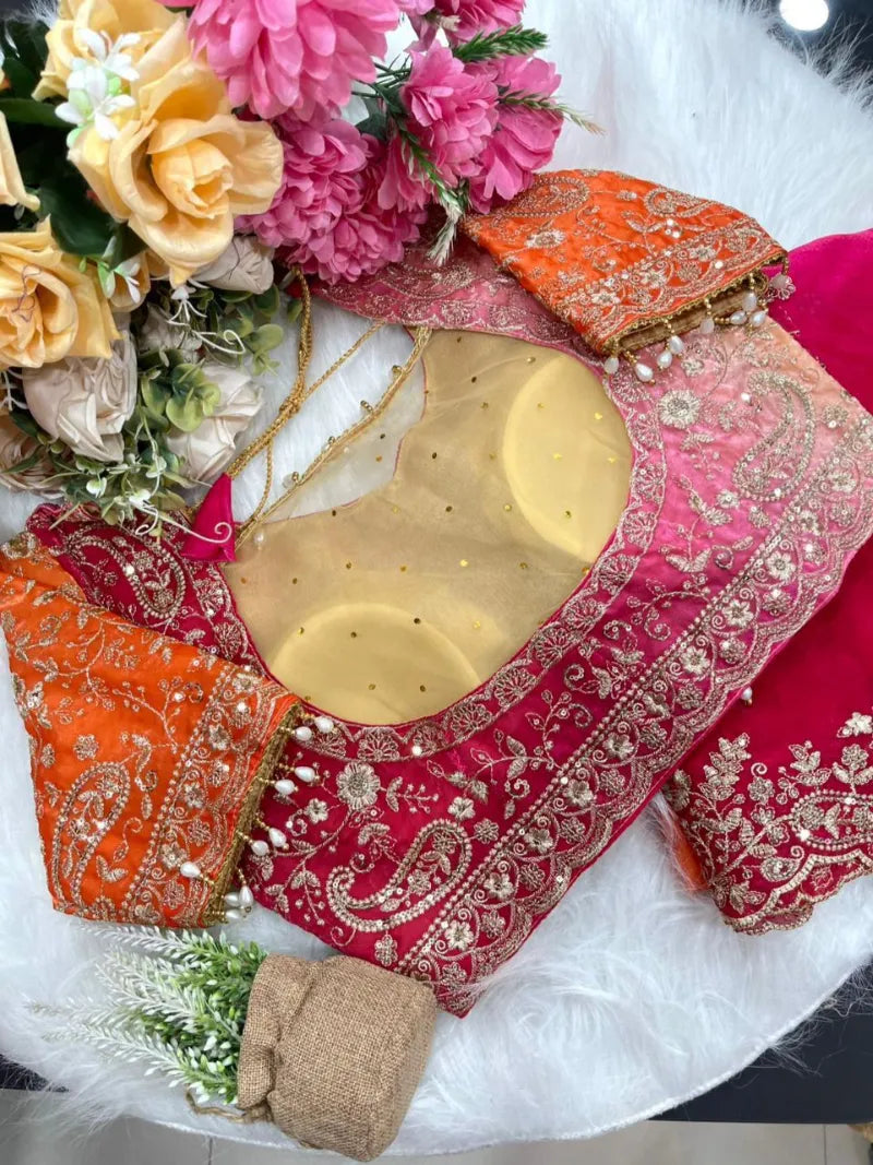 Premium Fendy Satin Saree with Embroidery Sequence Work & Heavy Jhal  Blouse