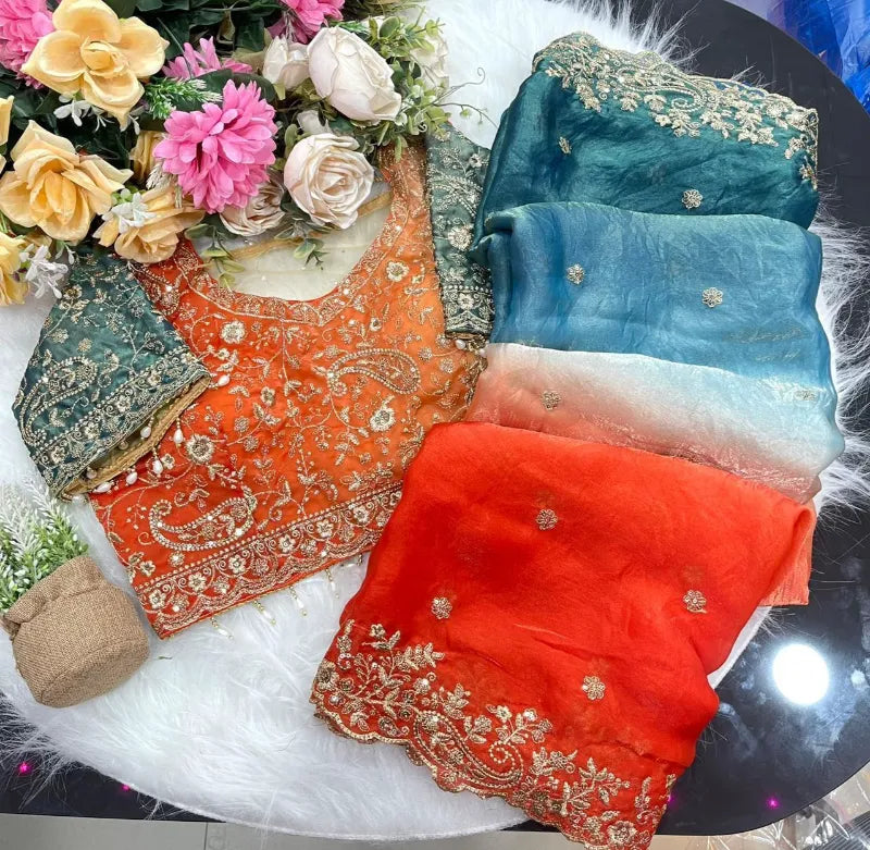 Premium Fendy Satin Saree with Embroidery Sequence Work & Heavy Jhal  Blouse