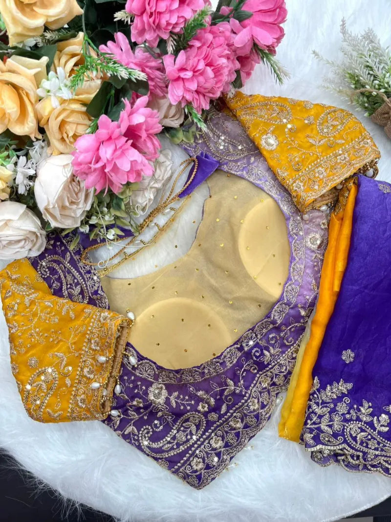 Premium Fendy Satin Saree with Embroidery Sequence Work & Heavy Jhal  Blouse