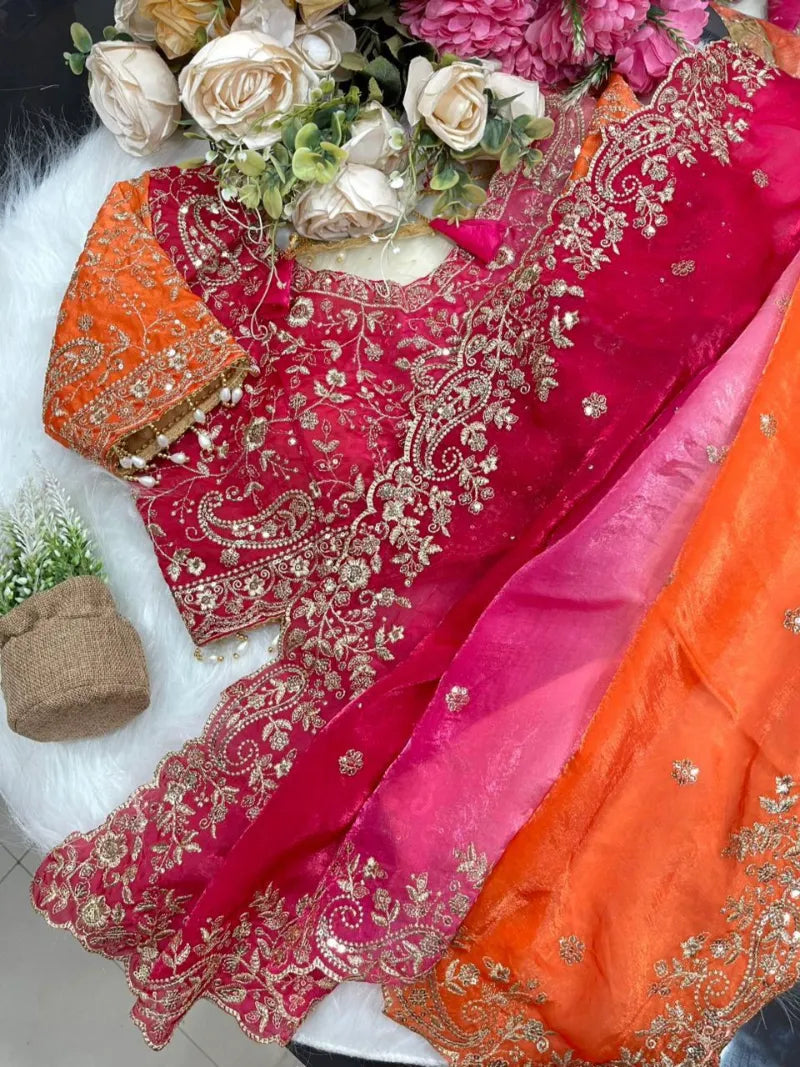 Premium Fendy Satin Saree with Embroidery Sequence Work & Heavy Jhal  Blouse