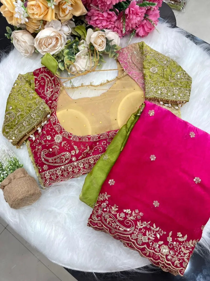 Premium Fendy Satin Saree with Embroidery Sequence Work & Heavy Jhal  Blouse