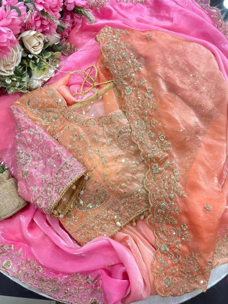 Premium Fendy Satin Saree with Embroidery Sequence Work & Heavy Jhal  Blouse