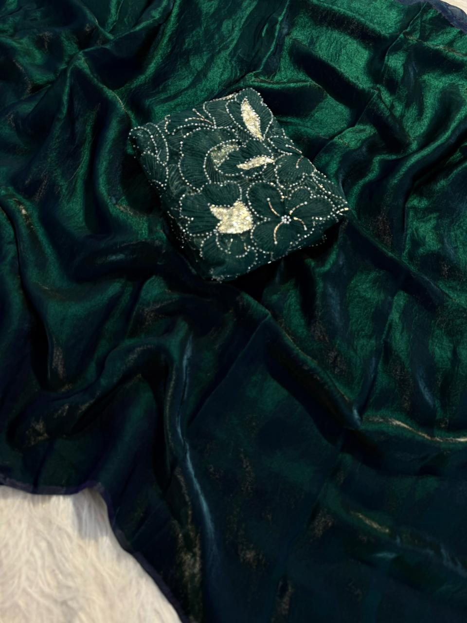 Premium Fandy Satin Silk Saree with Net Ribbon & Beads Work Designer Blouse