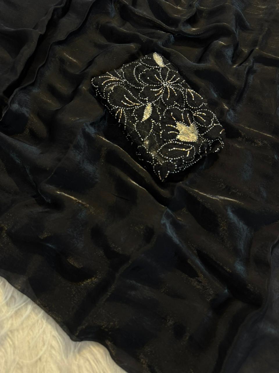Premium Fandy Satin Silk Saree with Net Ribbon & Beads Work Designer Blouse