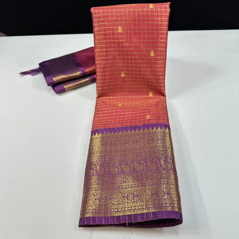 Premium Soft Silk Checks Saree with Tilak Butti & Kanchi Inspired Contrast Border