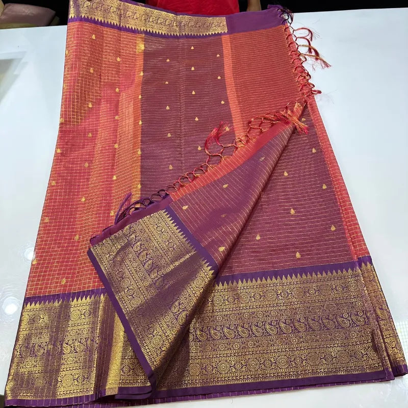 Premium Soft Silk Checks Saree with Tilak Butti & Kanchi Inspired Contrast Border