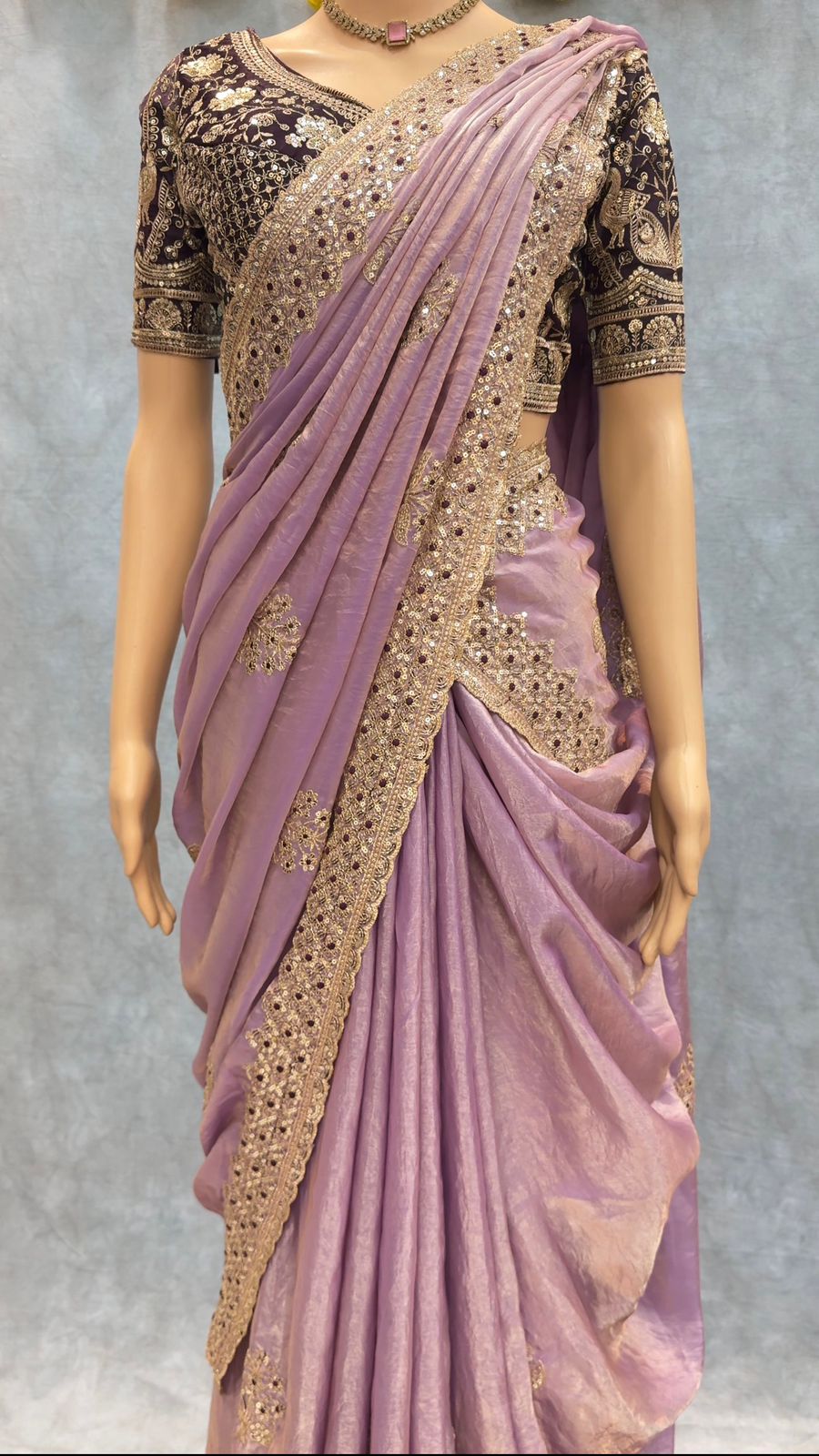 Premium Frendy Satin Saree with Sequence & Zari Embroidery – Heavy Stitched Blouse