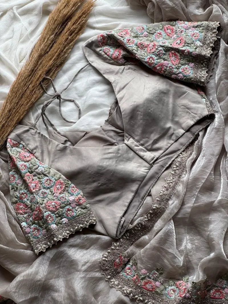 Ivory Lover’s 1-Min Ready-to-Wear Saree in Space Silk with Sequin & Pearl Lace – Fully Stitched Designer Blouse Included