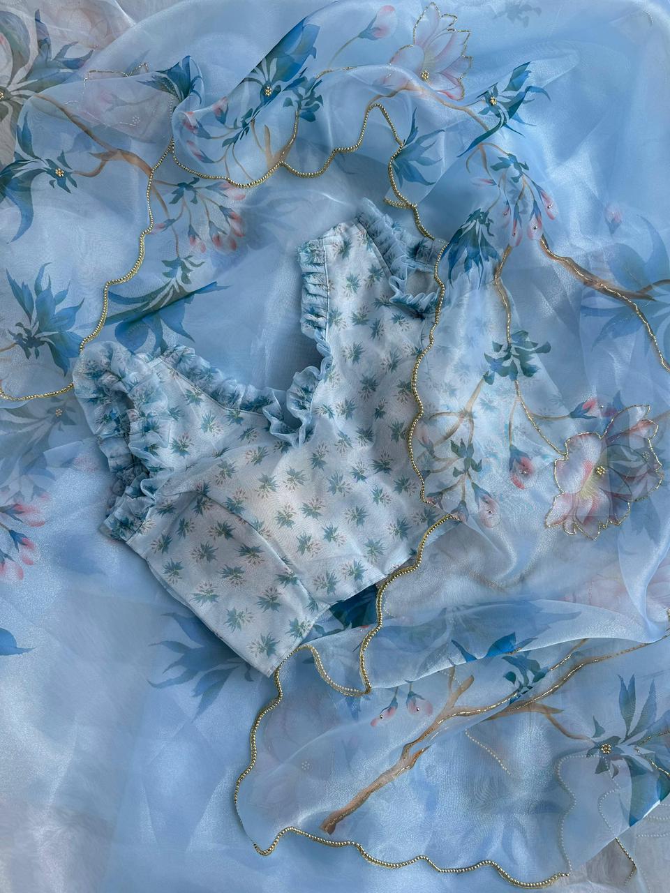 Premium Soft Organza Digital Print Saree with Handwork & Katdana Border – Digital Print Blouse