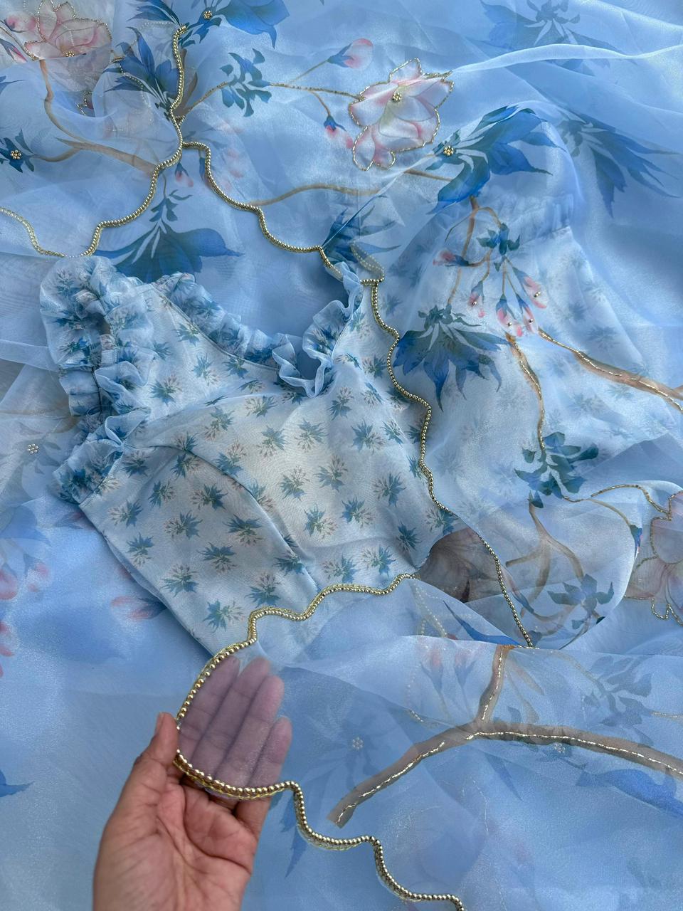 Premium Soft Organza Digital Print Saree with Handwork & Katdana Border – Digital Print Blouse