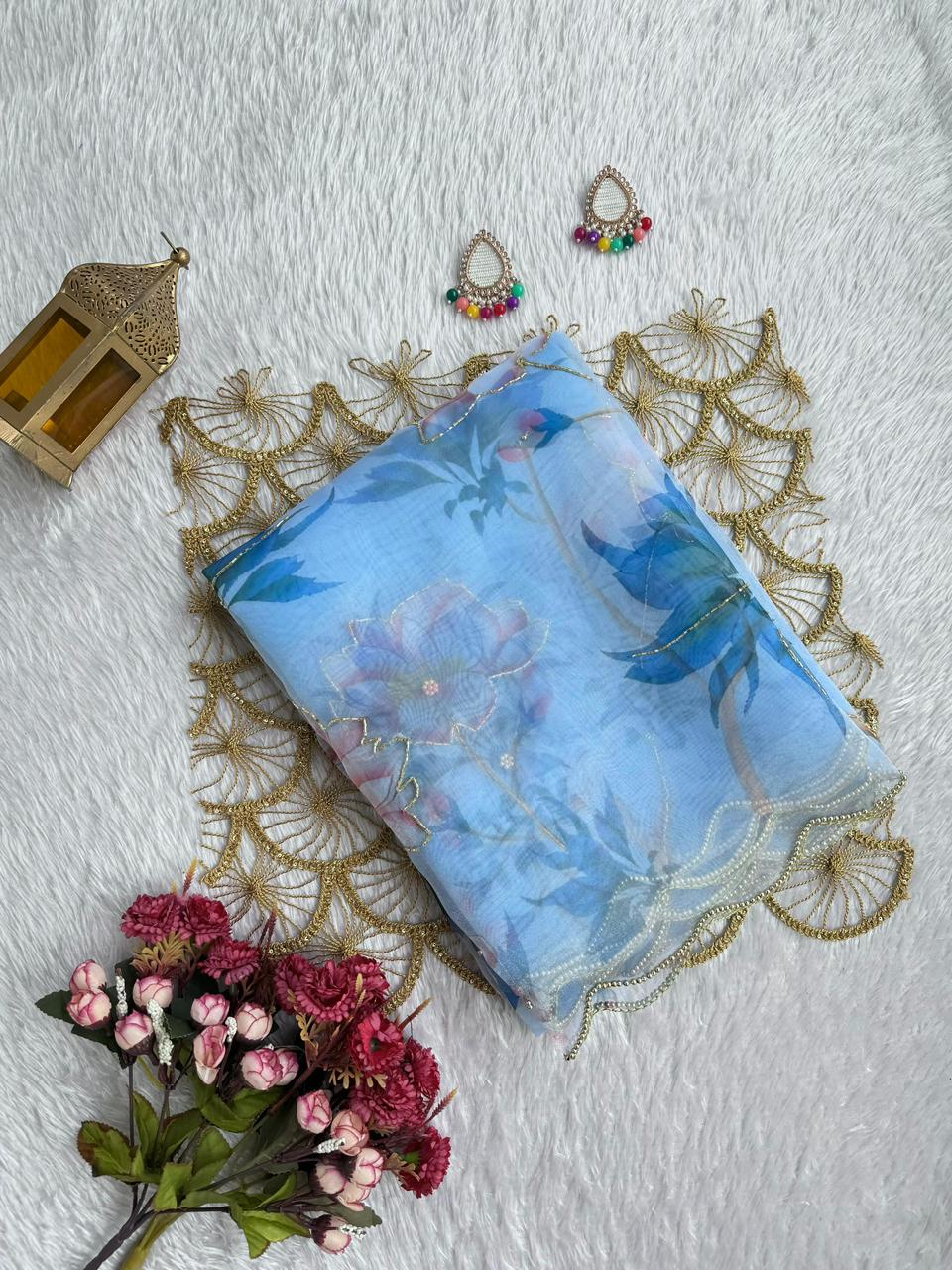 Premium Soft Organza Digital Print Saree with Handwork & Katdana Border – Digital Print Blouse