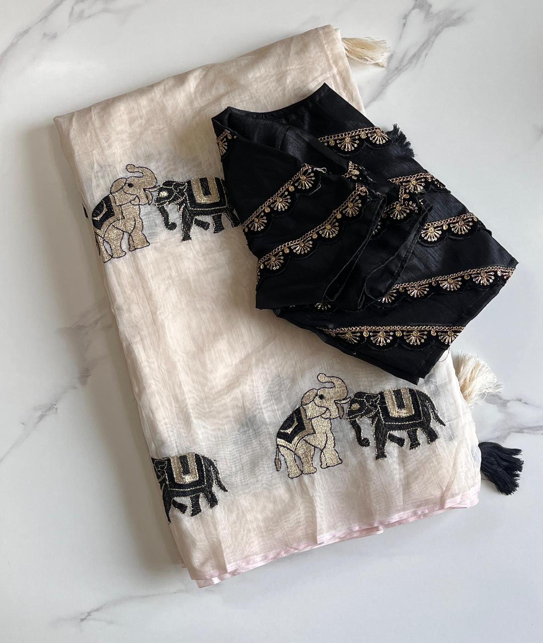 Premium Chanderi Saree with White, Golden & Black Embroidery – Designer Lace Blouse