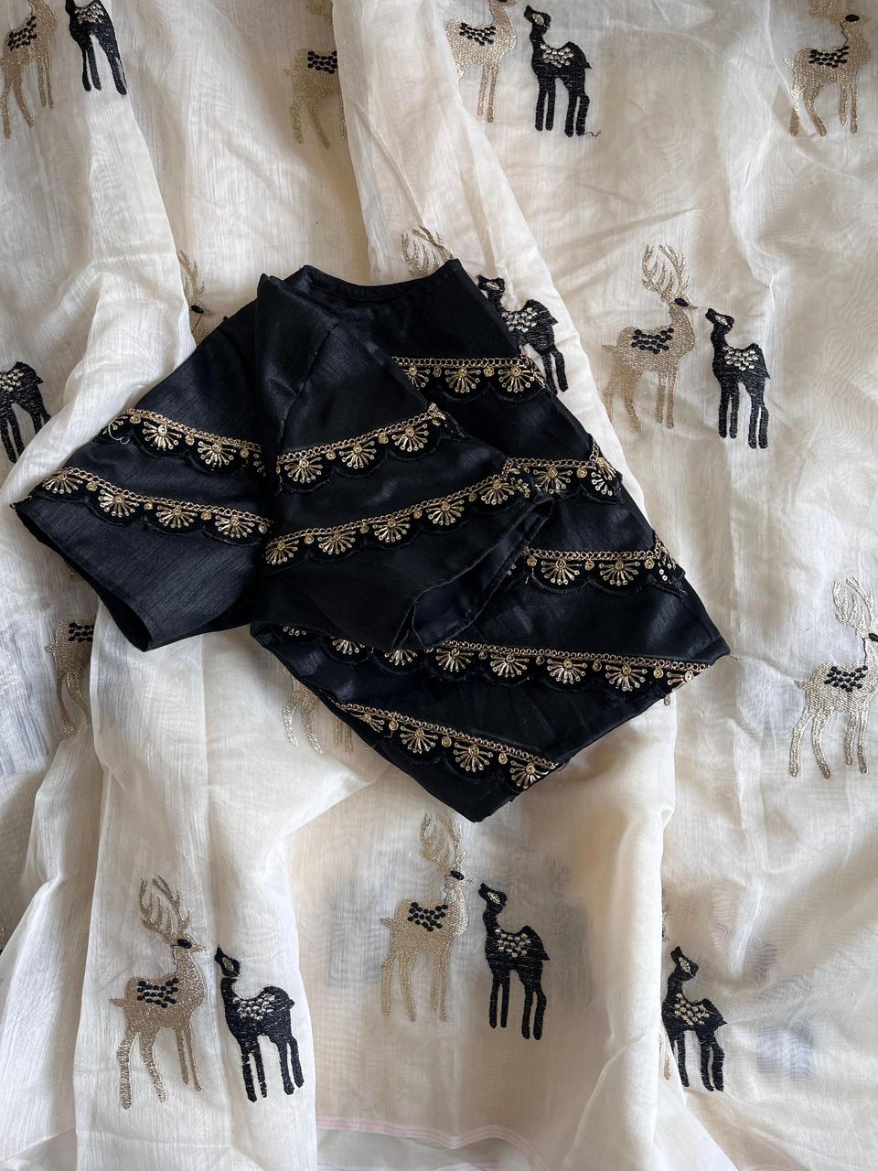 Premium Chanderi Saree with White, Golden & Black Embroidery – Designer Lace Blouse
