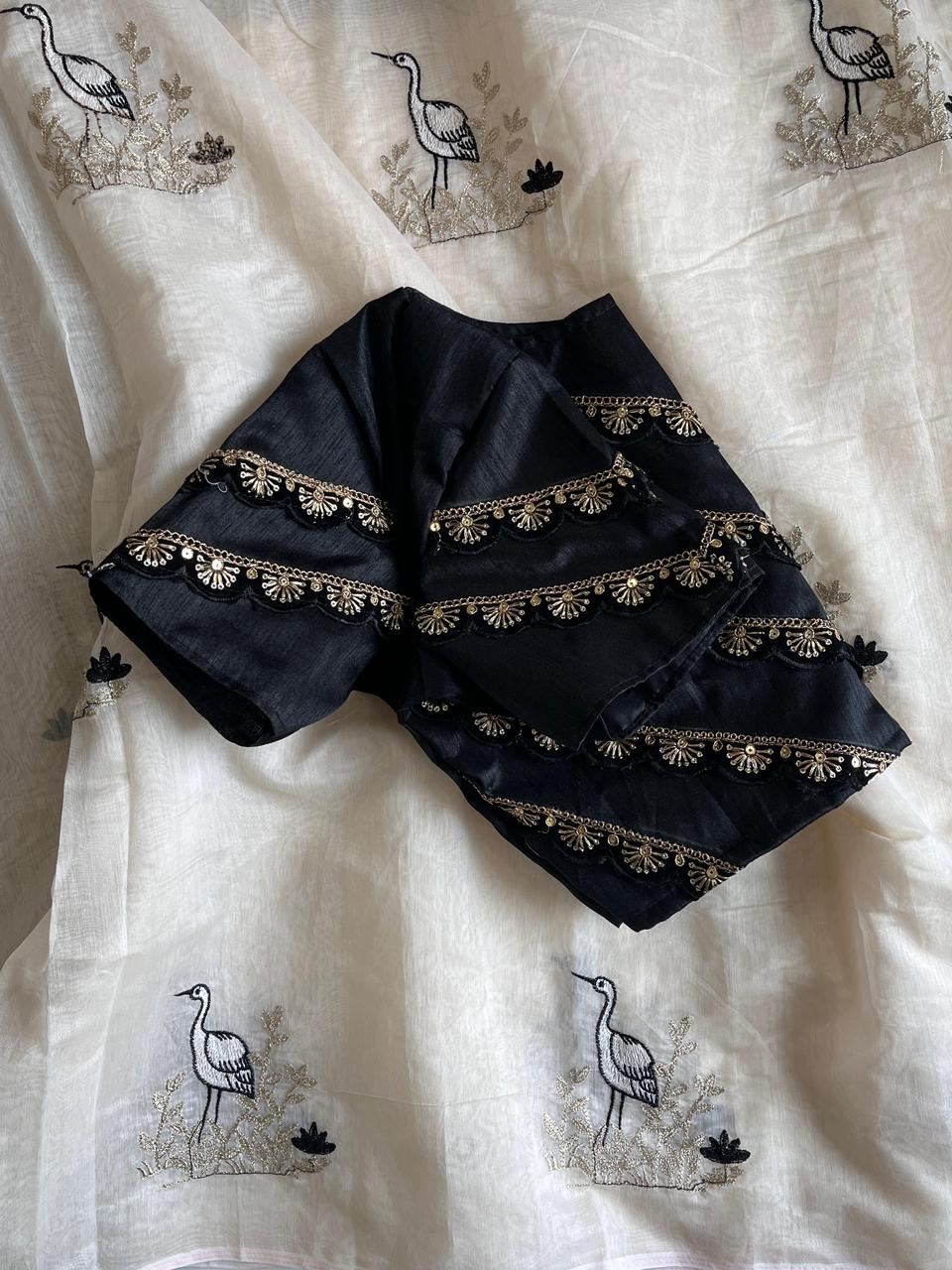 Premium Chanderi Saree with White, Golden & Black Embroidery – Designer Lace Blouse