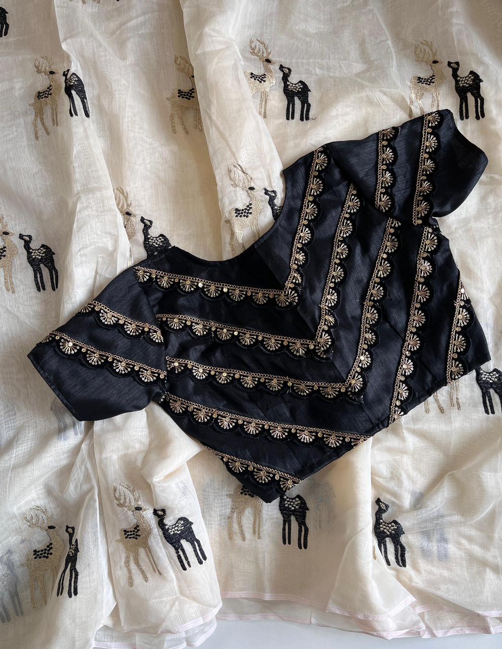 Premium Chanderi Saree with White, Golden & Black Embroidery – Designer Lace Blouse