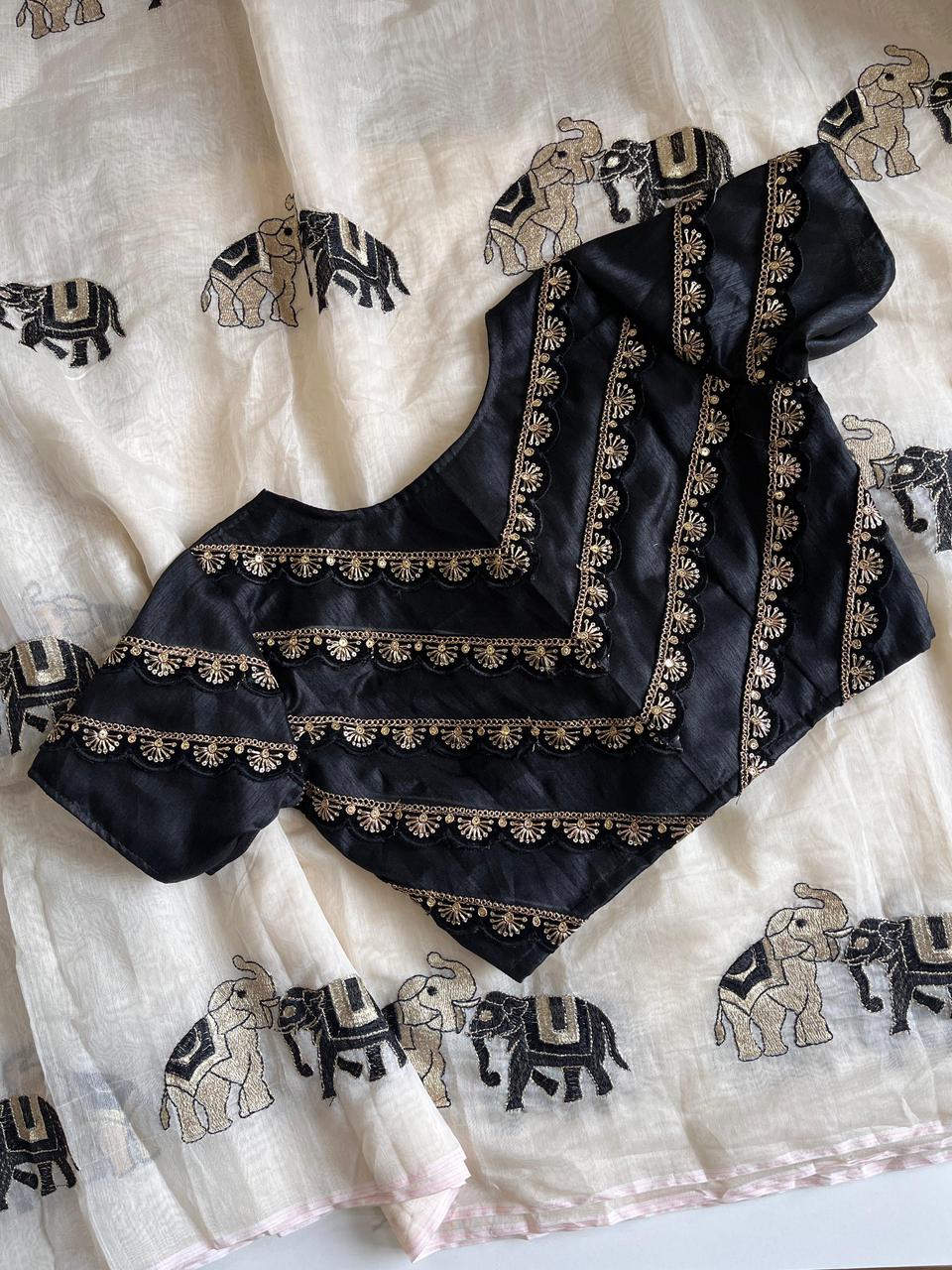 Premium Chanderi Saree with White, Golden & Black Embroidery – Designer Lace Blouse