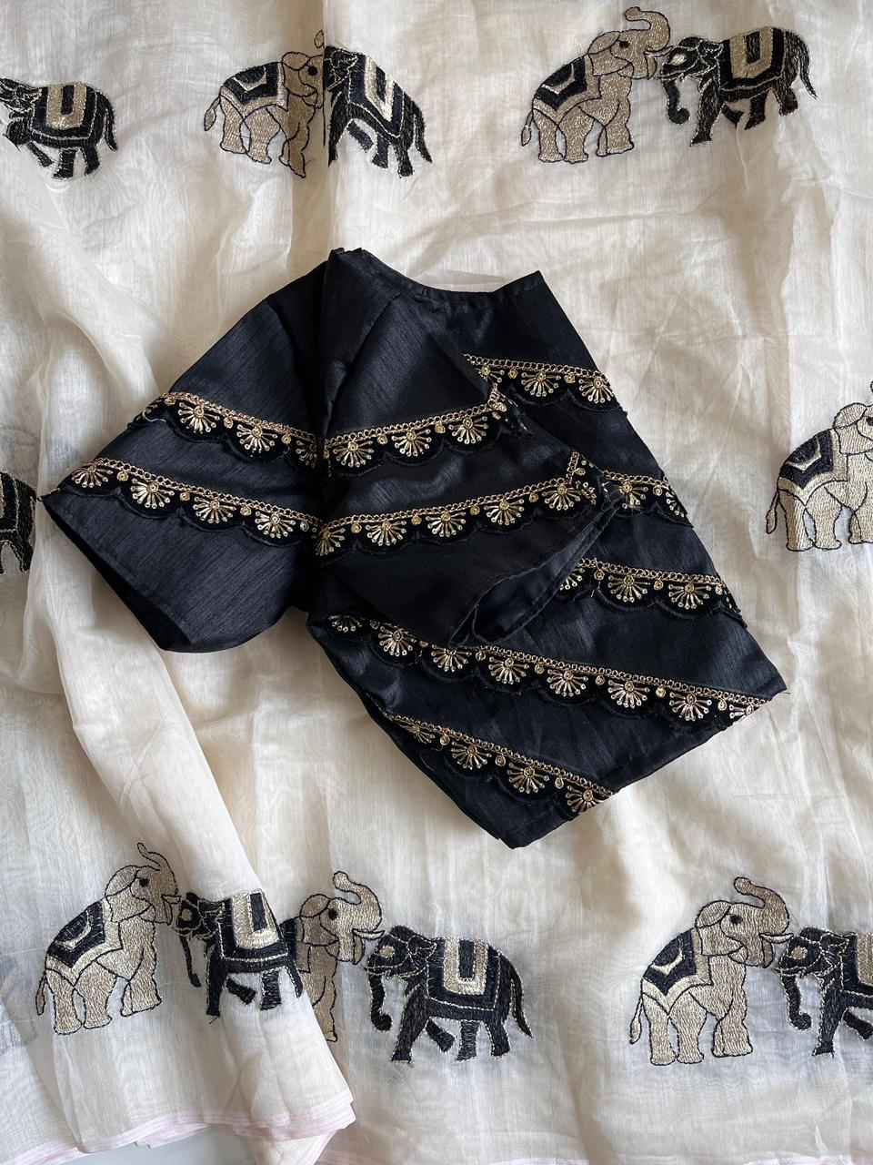 Premium Chanderi Saree with White, Golden & Black Embroidery – Designer Lace Blouse