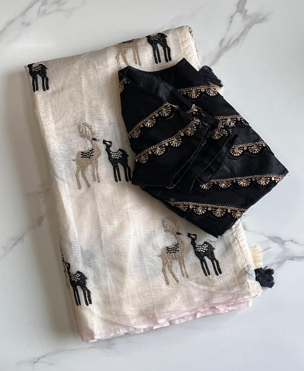 Premium Chanderi Saree with White, Golden & Black Embroidery – Designer Lace Blouse