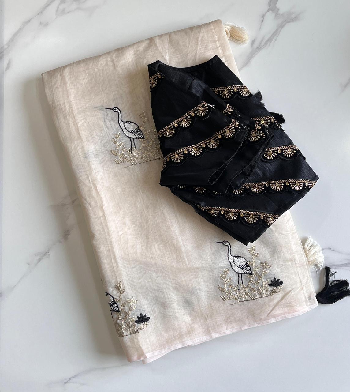 Premium Chanderi Saree with White, Golden & Black Embroidery – Designer Lace Blouse