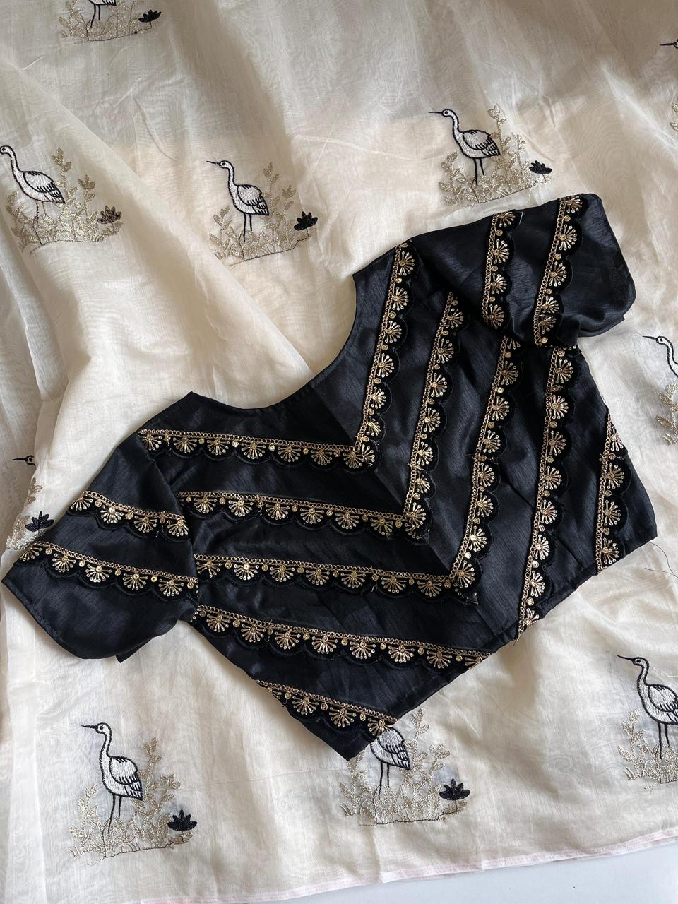 Premium Chanderi Saree with White, Golden & Black Embroidery – Designer Lace Blouse