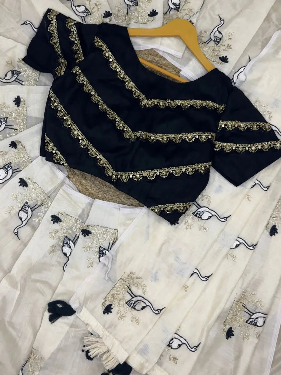 Premium Chanderi Saree with White, Golden & Black Embroidery – Designer Lace Blouse