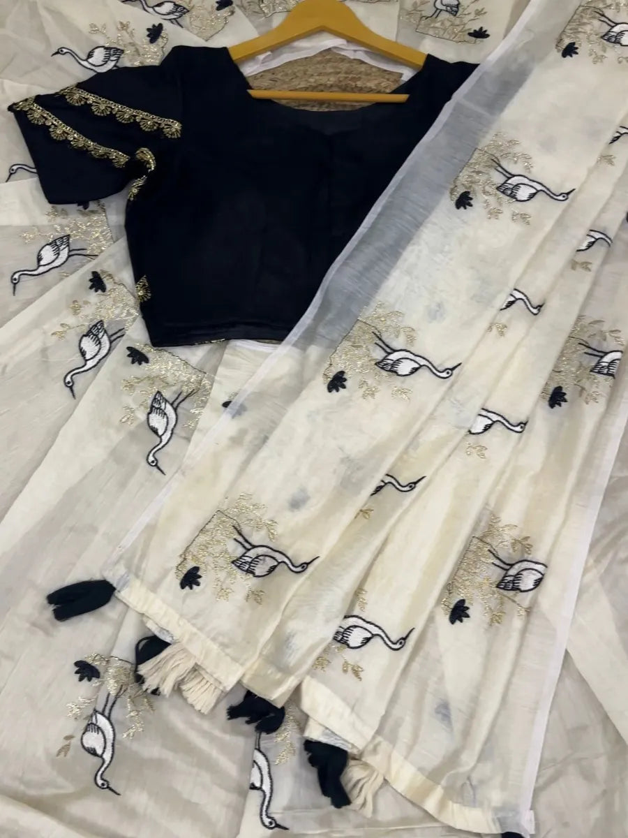 Premium Chanderi Saree with White, Golden & Black Embroidery – Designer Lace Blouse
