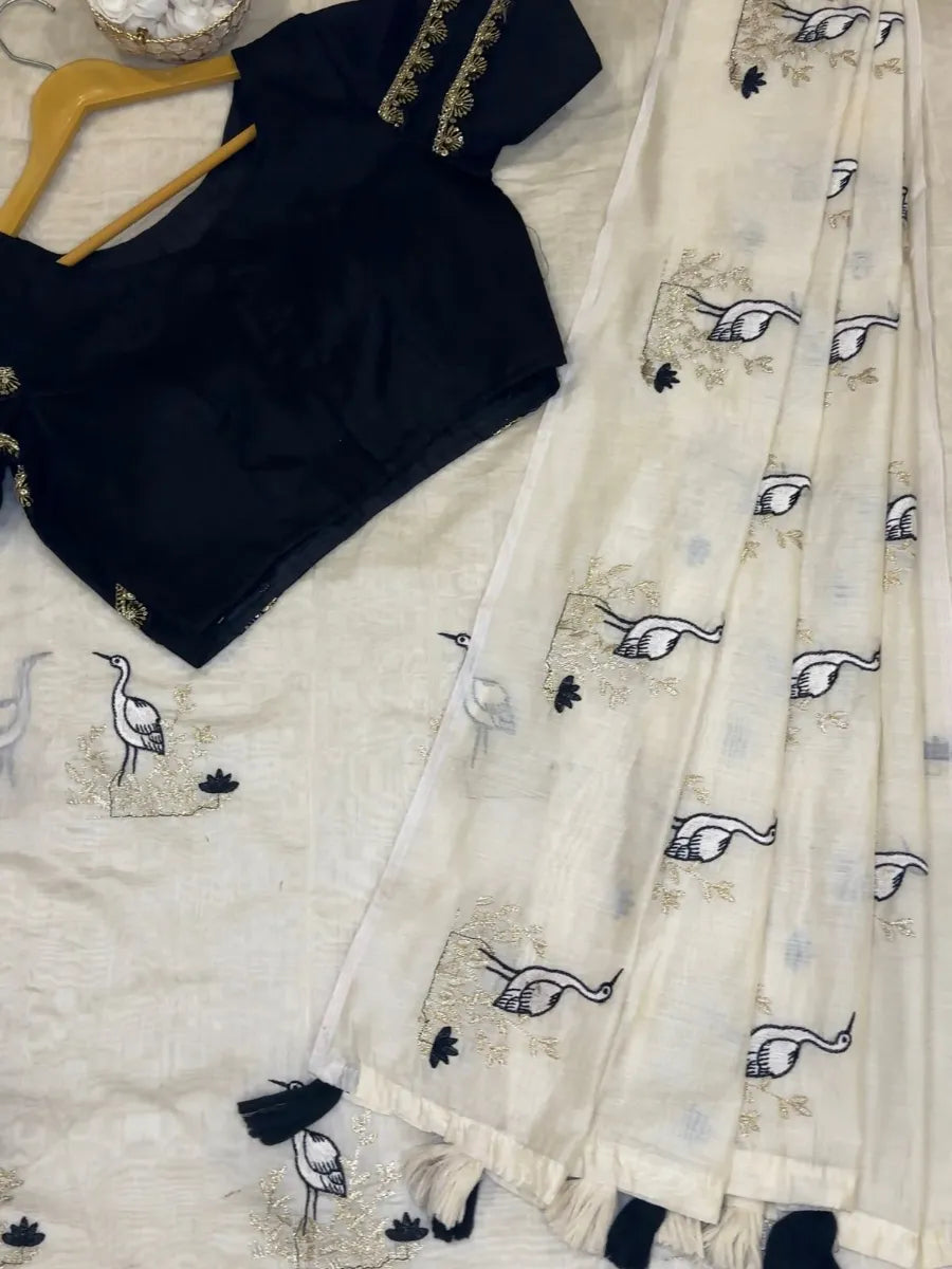 Premium Chanderi Saree with White, Golden & Black Embroidery – Designer Lace Blouse