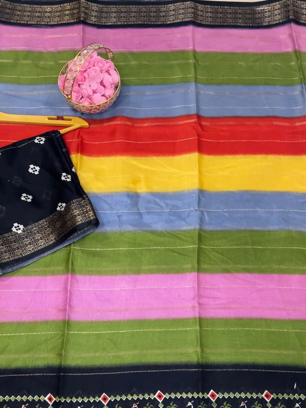 Premium Spice Silk Saree with Dual Jacquard Zari Border & Kalamkari Digital Print Pallu
