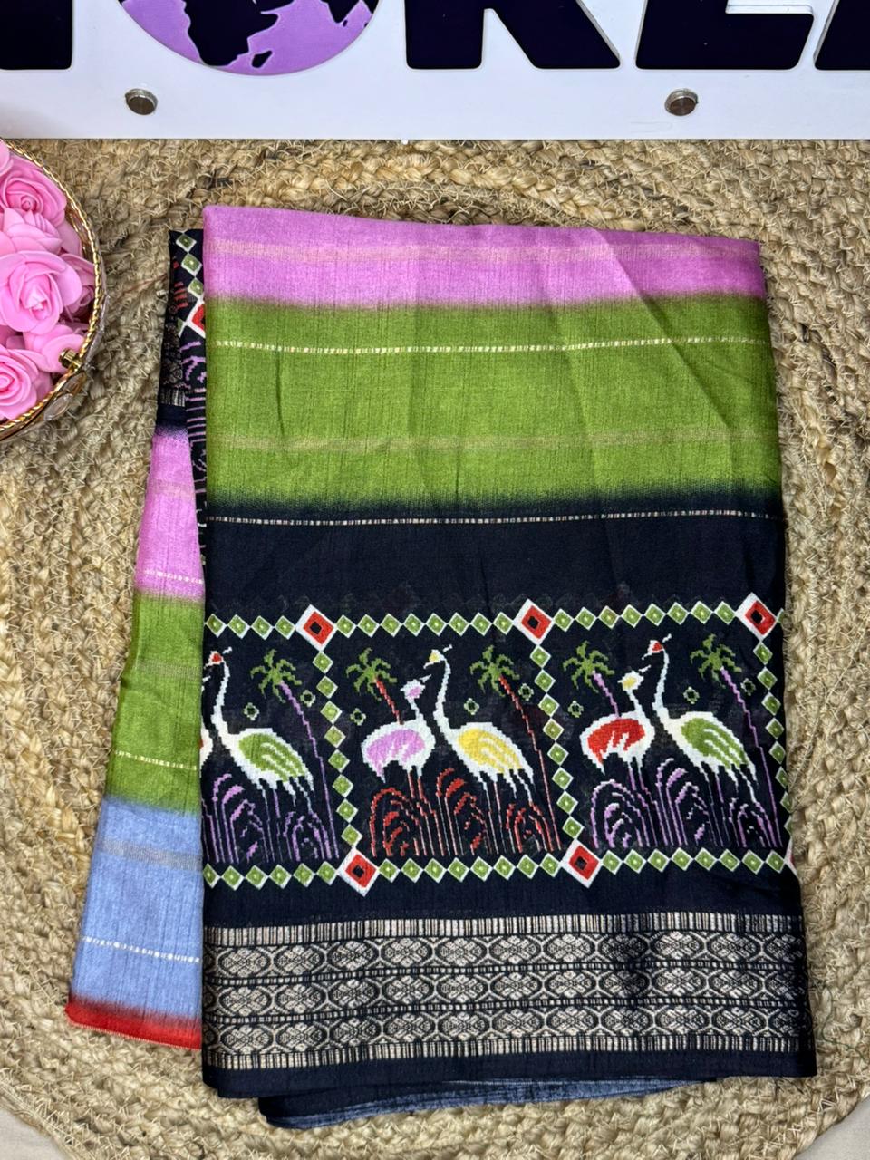 Premium Spice Silk Saree with Dual Jacquard Zari Border & Kalamkari Digital Print Pallu