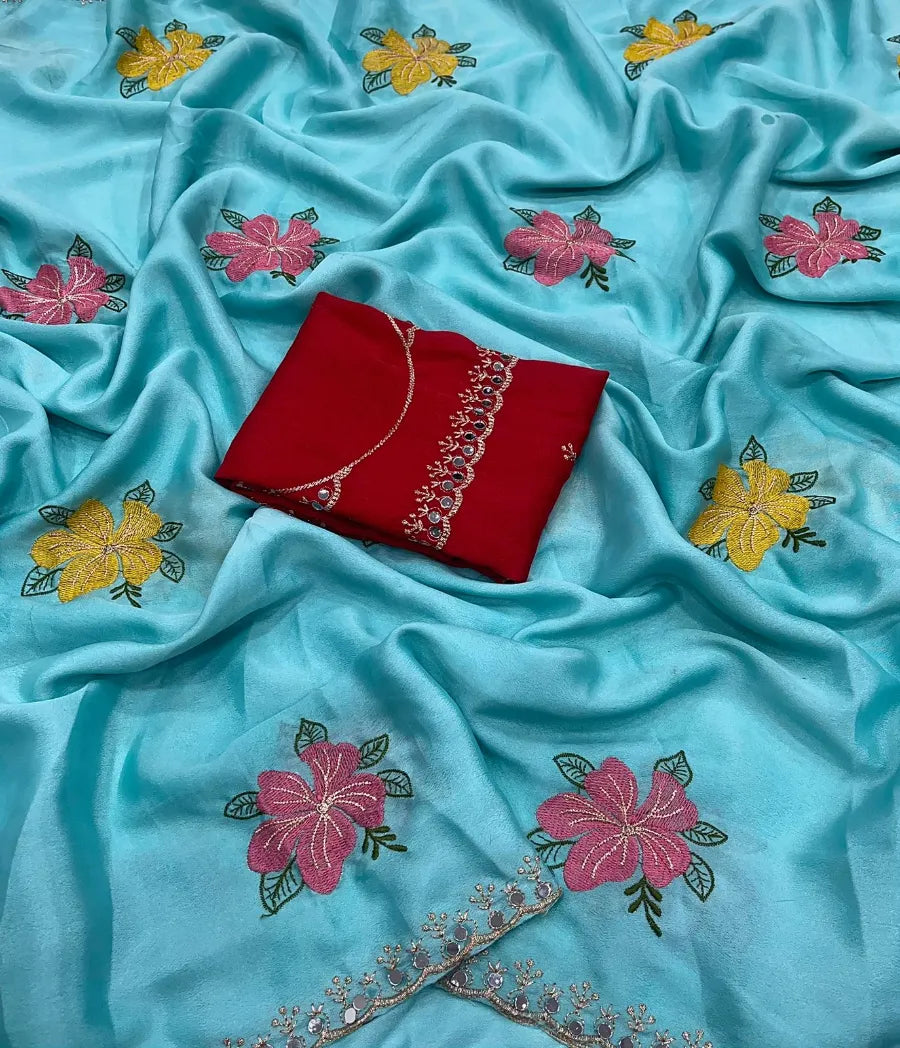 Premium Chinon Silk Saree with Embroidery & Mirror Work – Designer Blouse