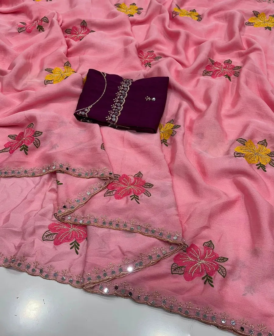 Premium Chinon Silk Saree with Embroidery & Mirror Work – Designer Blouse