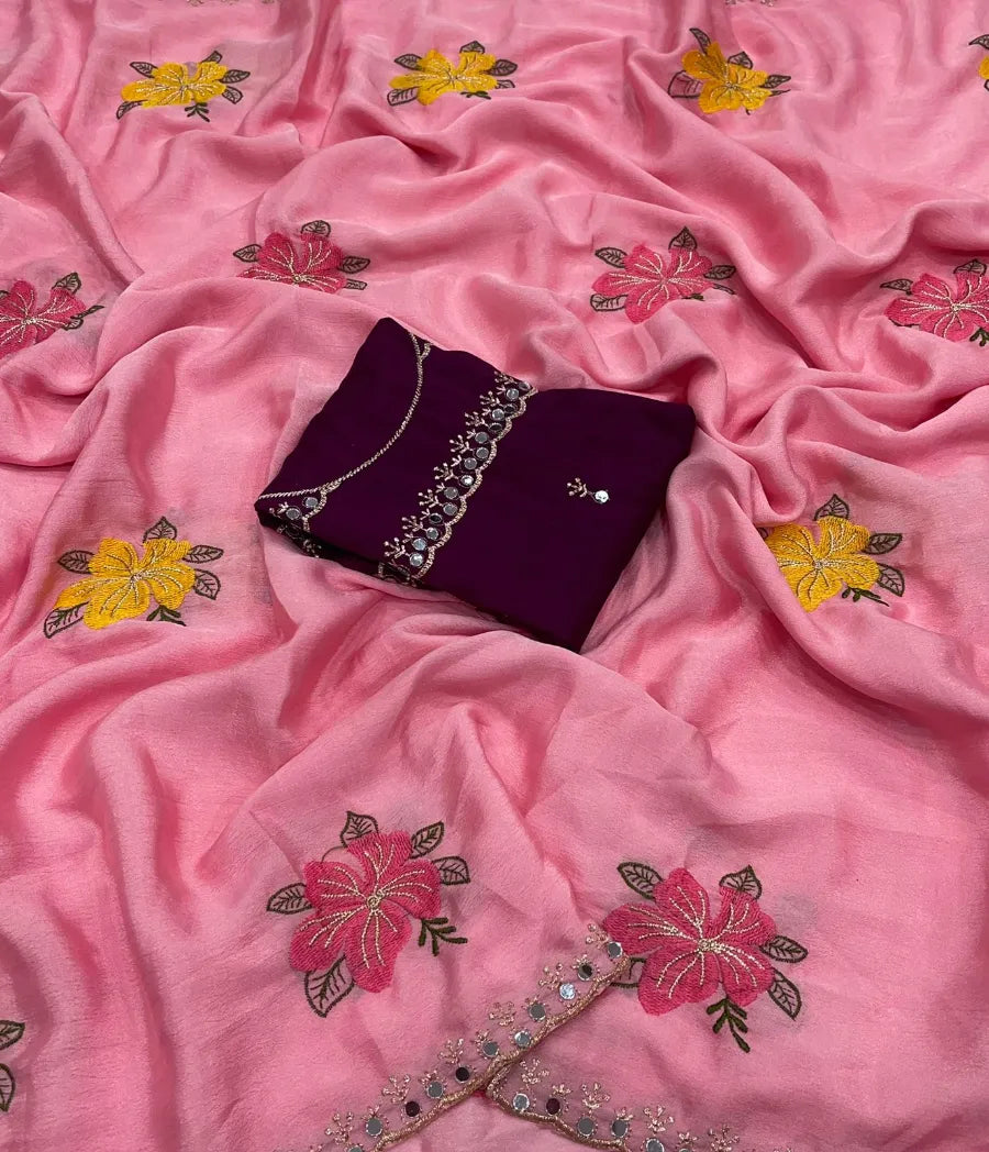Premium Chinon Silk Saree with Embroidery & Mirror Work – Designer Blouse